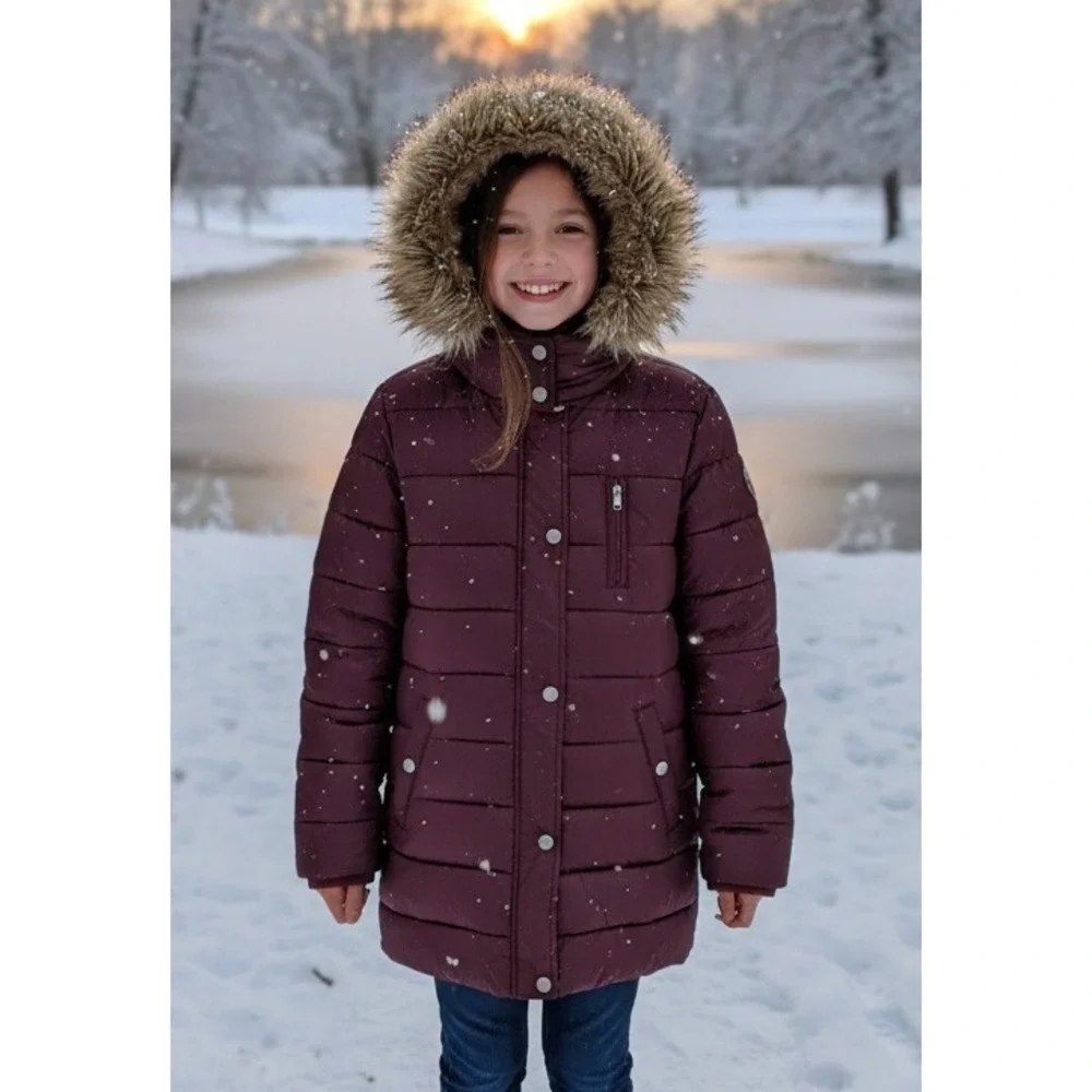 Abercrombie Kids Girls Puffer Coat Hooded Faux Fur Trim Maroon Size 15/16 Winter